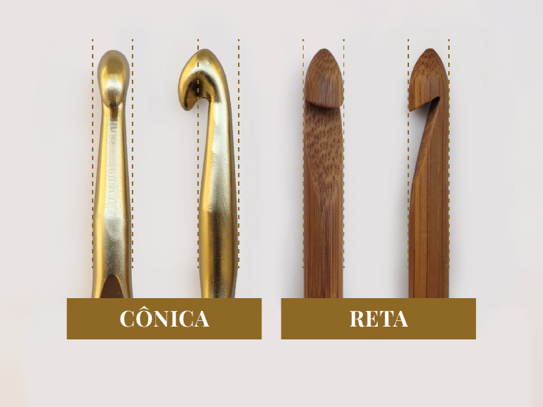 Comparação de agulhas de crochê cônica e reta.